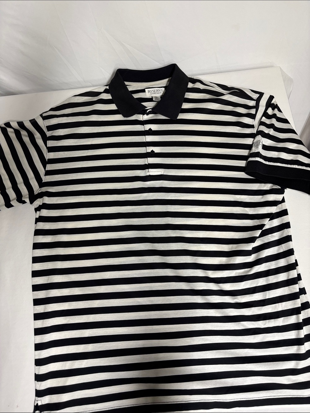 Reserve by Sport Haley Polo Shirt Medium Black White Stripe Mercerized Cotton Go